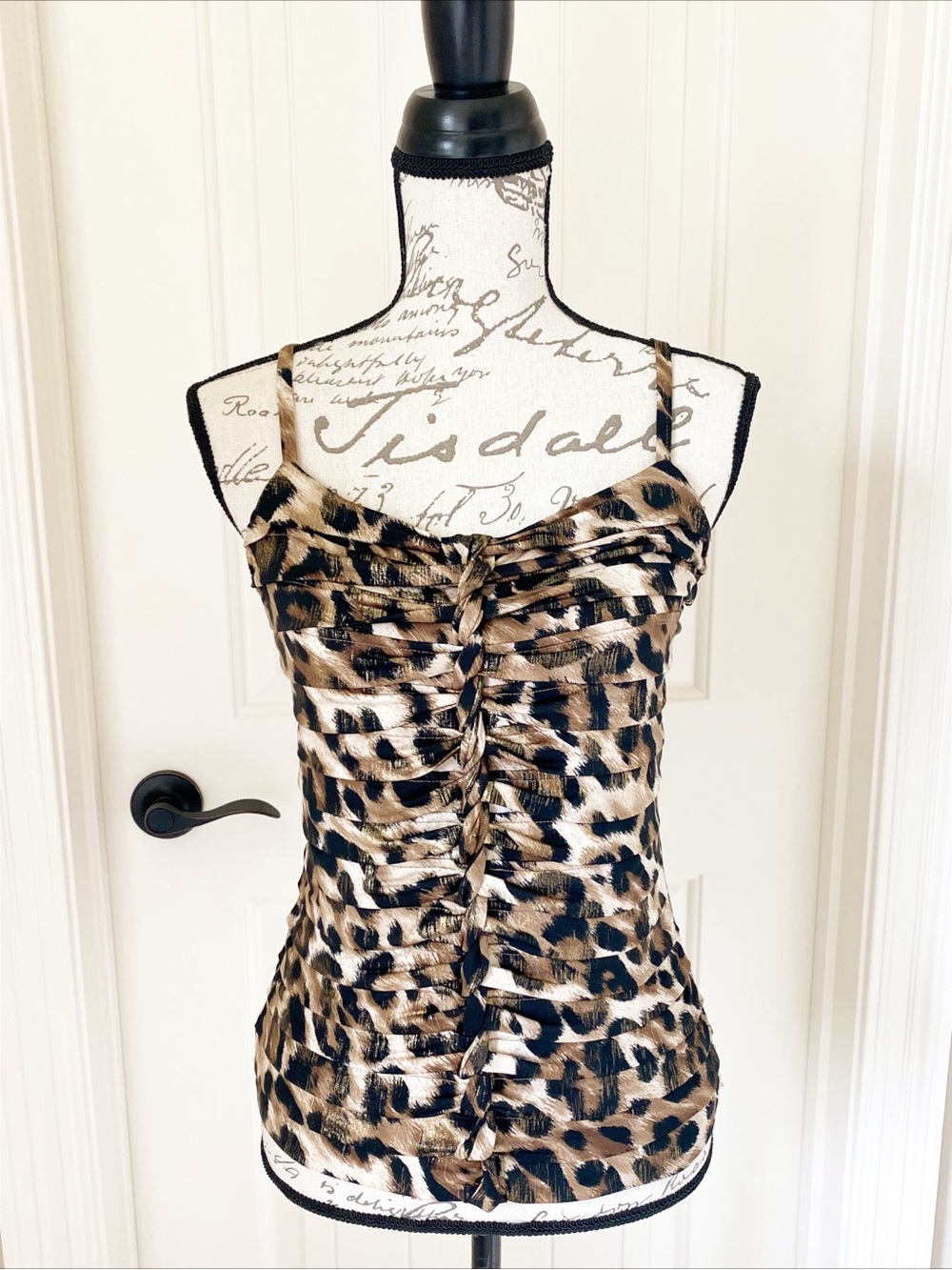 CACHE Y2K Leopard Print Ruched Cami Top - Brown Black